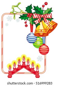 Vertical frame with holly berry, Christmas bells and light candle arch. Copy space. Christmas decoration. Vector clip art.