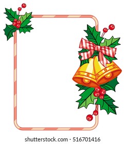 Vertical frame with holly berry and jingle bells. Copy space. Christmas decoration. Vector clip art.