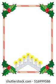 Vertical frame with holly berry  and light candle arch. Copy space. Christmas decoration. Vector clip art.