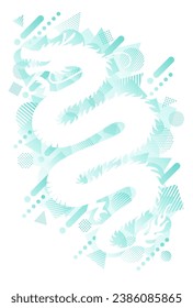 Vertical frame illustration of a white dragon silhouette and blue green various shaped icons with geometric patterns