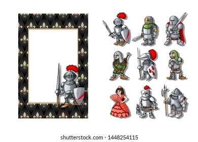 Vertical Frame with knights set on the medieval fleur de lis royal lily background. Education diploma or birthday card template