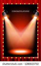 vertical frame with lights in the background of a red curtain. Vector illustration