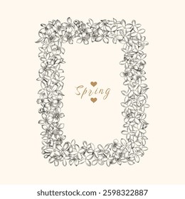 Vertical frame with lilac flowers with space for text. Vector botanical illustration. Black and white.