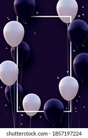 Vertical frame with matt dark violet and white balloons with threads on dark violet background. Stars confetti. Space for text. Vector festive illustration.