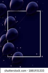 Vertical frame with matt dark violet balloons with threads on dark violet background. Stars confetti. Space for text. Vector festive illustration.