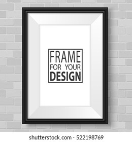 Vertical frame on brick wall. Vector template ready for presentation design. Black framing mock up for drawing, painting or photo.