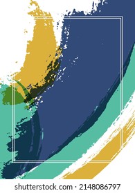 Vertical frame with paint brush strokes background.  Graphic design template for flyer. Vector border rectangular frame with colorful painted ink brushstrokes backdrop, watercolor texture.