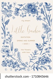 Vertical frame with plants. A small garden. Vector floral invitation card. Vintage style. Botanical illustration. Muscari, ferns, wormwood, geranium, hyacinth, rose, forget-me-not. Blue.