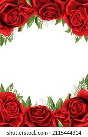 Vertical frame of red blossom rose scarlet flowers. Clip-art vector template for greeting card, wedding or Valentines day. Save the date vector template holiday card design