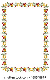 Vertical frame with red and yellow roses. Vector clip art.