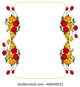 Vertical frame with red and yellow roses. Vector clip art.