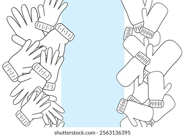 The vertical frame seamless border of winter gloves and mittens with blank space for your text. Graphic line illustration. Template design for flyers, banners, booklets, brochures etc. 

