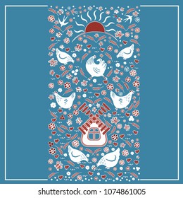  Vertical frame. Silhouettes - contours of chickens and roosters, swallows and sunflowers. Agriculture and farms for animals. With space for text. On a blue-gray background. Vector illustration.