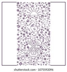 Vertical frame. Silhouettes - contours of chickens and roosters, swallows and sunflowers. Bird's farm, monochrome sketch. With space for text. On a white background. Vector illustration.
