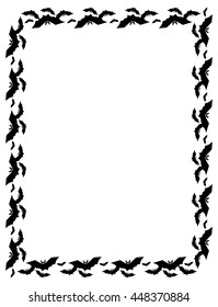 Vertical frame with silhouettes of flying bats. Original background for greeting cards, invitations, prints.Vector clip art.