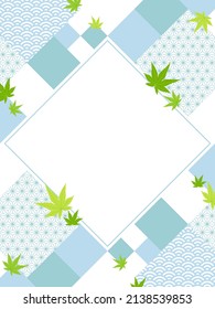 plantilla de marco vertical de patrón geométrico japonés y hojas de arce verde