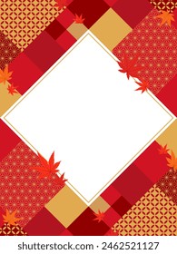 vertical frame template with geometric Japanese pattern and maple leaves in autumn