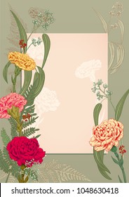 Vertical frame, template for invitation to rustic party. Carnation: red, pink, yellow flowers, fern, eucalyptus. Vintage background, hand draw, engraving sketch, botanical illustration, vector, A4