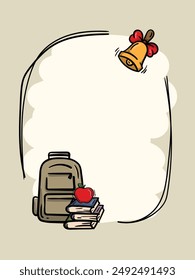 Vertical frame for text related to school and learning. Simple illustration of school items, books, bell, apple, backpack. Design template for designing posts, banners, advertising advertisements