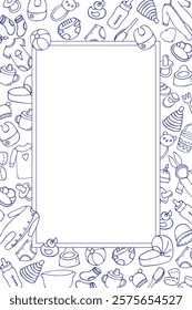 vertical frame of toys and items for newborns, hand-drawn in cartoon style. contour drawing.