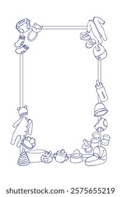 vertical frame of toys and items for newborns, hand-drawn in cartoon style. contour drawing.