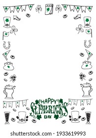 vertical frame with traditional St. Patrick's Day symbols drawn in a doodle style. Vector background of beer mugs, clover, pub decorations, leprechaun hats and happy St. Patrick's Day lettering.