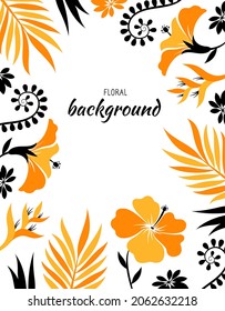 Vertical Frame with Tropical Leaves, Hawaiian Flowers and Hibiscus Flowers. Floral summer background. Vector border with place for text