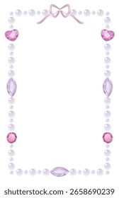 Moldura vertical com pérolas brancas, joias rosa e violeta e um arco de cetim pastel. Elemento decorativo para design, moldura da foto, notas, papel de parede do telefone. Ilustração vetorial EPS 10