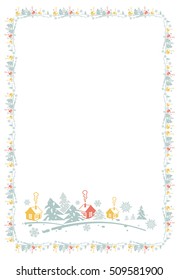 Vertical frame with winter houses. Forest, snowflakes. Vector clip art.