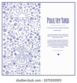 Vertical frame-banner. Silhouettes - contours of chickens and roosters, swallows and sunflowers. Bird farm, monochrome pattern, pattern on the left. On a white background. Vector illustration.
