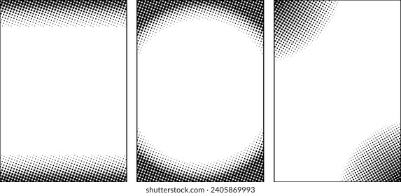 Vertical frames set in a halftone dots pattern. Simple clean manga style background frame. Monochrome dot gradient frames. Blanc place for text in the