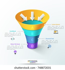 Vertical funnel divided into 4 horizontal colorful parts or levels, thin line pictograms and text boxes. Creative infographic design template. Vector illustration for presentation, brochure, website.