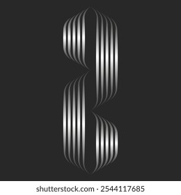 Vertical futuristic 96 number logo design with sleek metallic parallel lines geometric shapes. Minimalist metallic logotype design in silver shades.