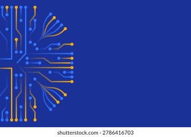 Vertical futuristic circuit background with electronic lines and digital nodes forming a technology interface. Concept of computing networks, microchip systems and cyber infrastructure