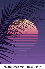 Vertical futuristic cover with sunset and palm branches