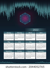 Vertical futuristic yearly calendar 2022 digital theme with hexagon, week starts on Sunday. Annual big wall calendar colorful modern illustration. A4 Us letter paper size.