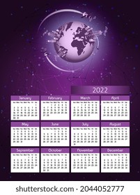Vertical futuristic yearly calendar 2022 5g technology with satellites and planet earth, week starts Sunday. Annual big wall calendar colorful modern illustration in purple. A4 Us letter paper size.