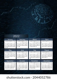Vertical futuristic yearly calendar 2022, week starts on Sunday.  Annual big wall calendar colorful digital modern illustration in blue. A4 Us letter paper size.