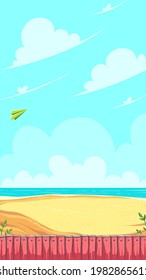 Vertical game field. Green paper airplane flying in the clouds over the sandy seashore with red wooden fence. Vector background illustration. 