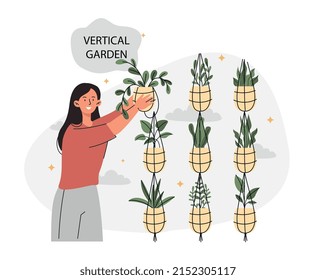 Vertical garden concept. Young girl takes care of flowers and plants, creates comfort and coziness in apartment. Decor and interior elements, care for nature. Cartoon flat vector illustration