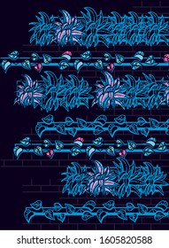 vertical garden concept.Plants into pots. Environment friendly eco design. A new way to decorate the interior with house or office greenery.on a dark background in neon colors