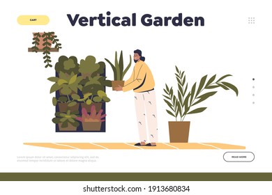 Vertical garden creating concept of landing page with woman caring for plants on wall at home, in office or cafe. Green eco friendly interior concept. Cartoon flat vector illustration