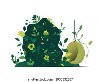 Vertical garden green wall and interior with hanging chair. Evironment friendly Ecodesign interior for offices, ecological atmosphere Grass advertising for gardening copmanies Flat Vector illustration