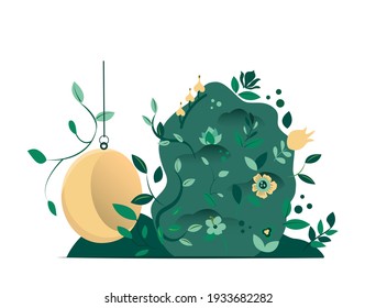 Vertical garden green wall and interior with hanging chair. Evironment friendly Ecodesign interior for offices, ecological atmosphere Grass advertising for gardening copmanies Flat Vector illustration