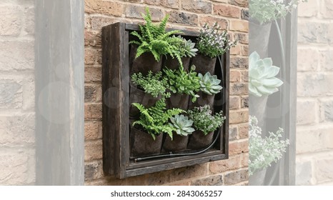A vertical garden planter box made of dark wood containing various small succulent plants and ferns mounted on a rustic brick wall.