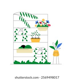 Vertical Garden With Potted Plants In Flat Vector Illustration Symbolizing Urban Gardening, Green Living, And Sustainability, Isolated On White Background