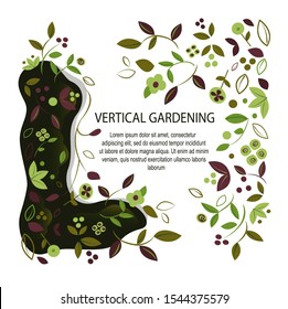 Vertical Garden template Green wall in interior. Ecological space Greenery and leaves Evironment friendly Ecodesign for offices Rainforest room Grass advertising for gardening Flat Vector illustration