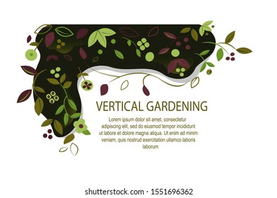 Vertical Garden template Green wall in interior. Ecological space Greenery and leaves Evironment friendly Ecodesign for offices Rainforest room Grass advertising for gardening Flat Vector illustration