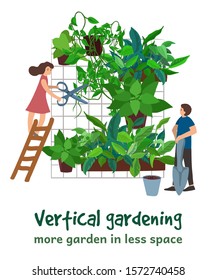 Vertical gardening and tiny people growing house greenery wall. Little man and woman, pots with fresh plants, green leaves, home flowers. Vector green house