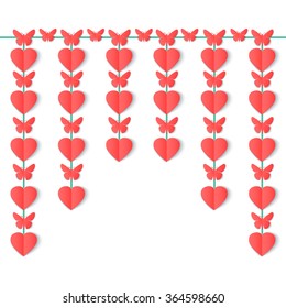 Vertical garland of paper hearts and butterflies isolated on white background. Vector illustration. 